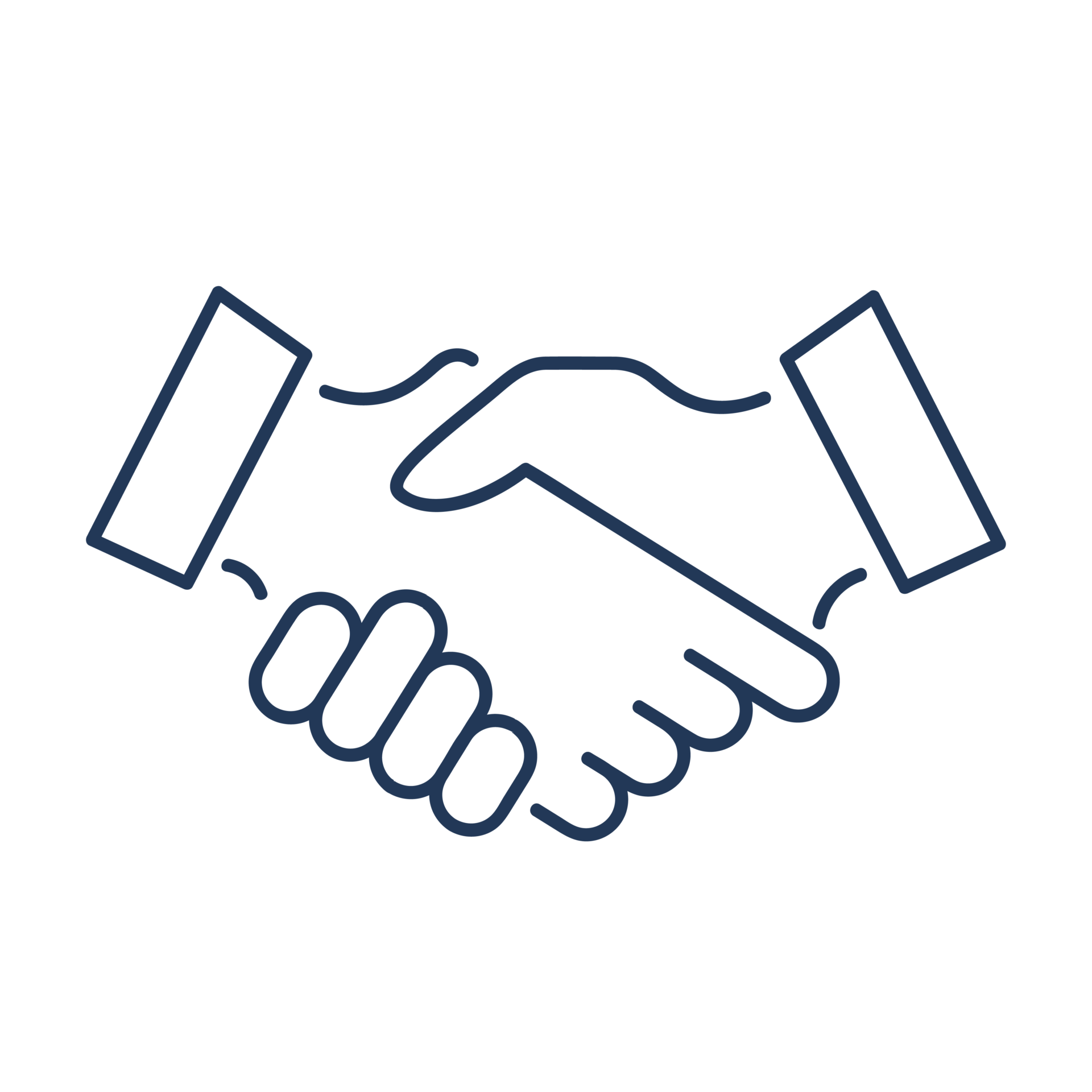 A simple line drawing depicts two hands shaking in agreement, symbolizing partnership, cooperation, or a deal being made. No landmarks present.