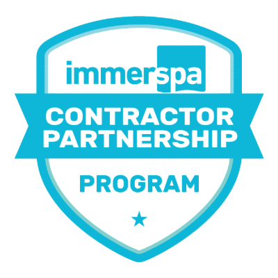 A blue and white logo displaying "immerspa Contractor Partnership Program" on a badge with a check mark, ribbon, and star.