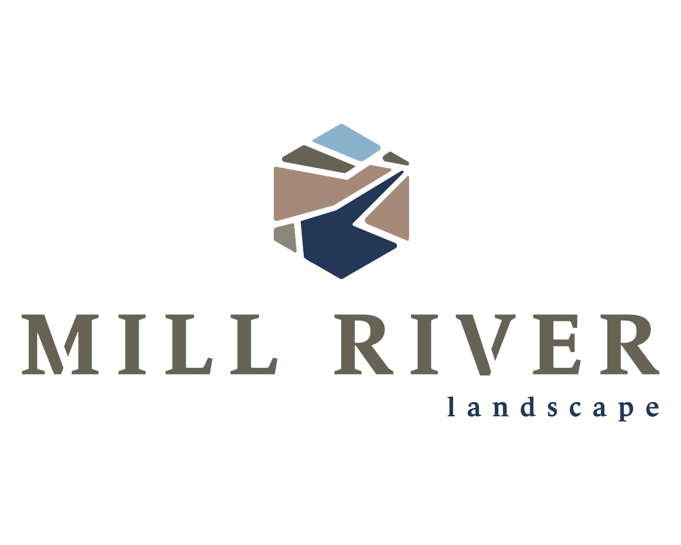 The image shows the Mill River Landscape logo featuring a stylized river with geometric shapes in blue, brown, and gray, accompanied by text.