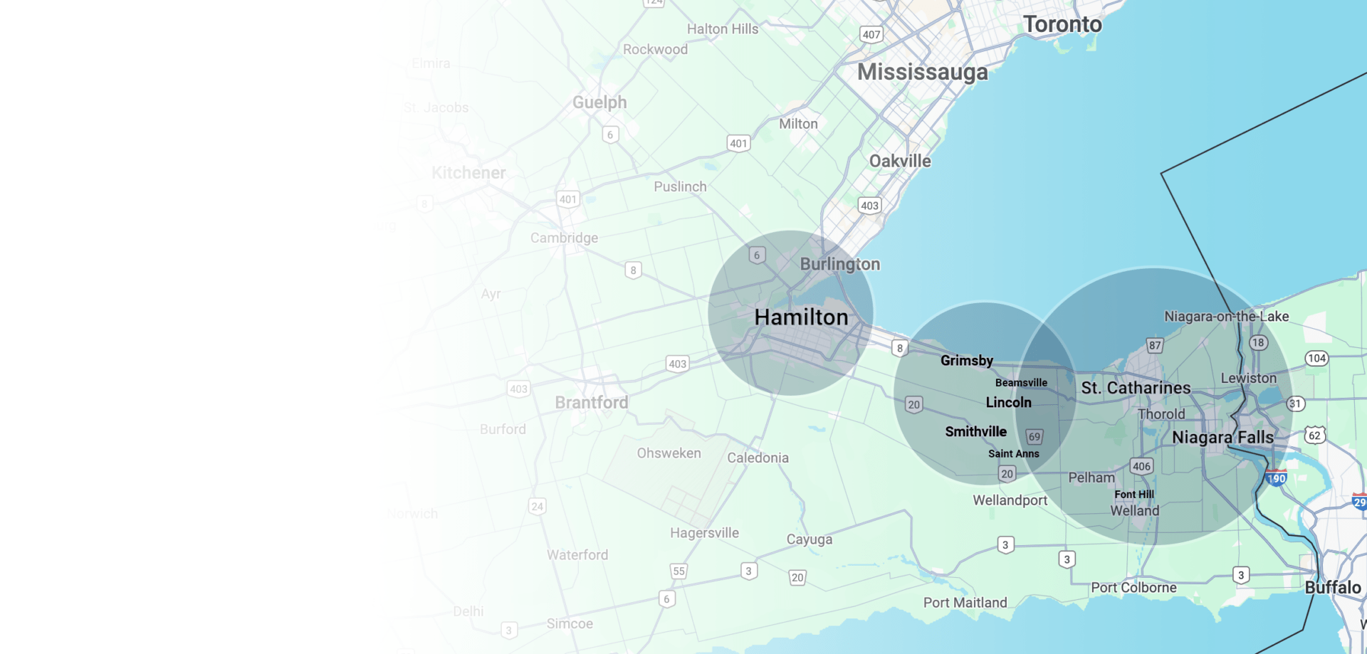 Map highlights cities in southern Ontario, including Toronto, Hamilton, Niagara Falls, and Buffalo. Landmarks such as St. Catharines and Grimsby are visible.