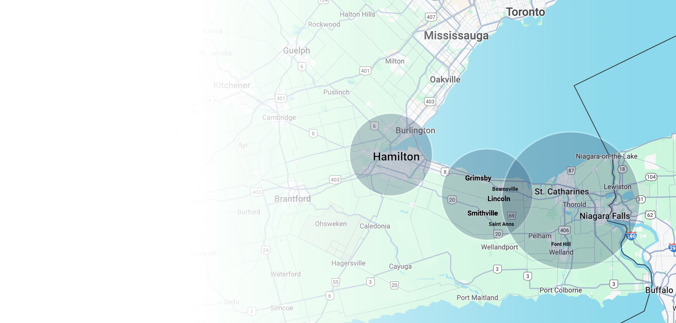 Map highlights cities in southern Ontario, including Toronto, Hamilton, Niagara Falls, and Buffalo. Landmarks such as St. Catharines and Grimsby are visible.