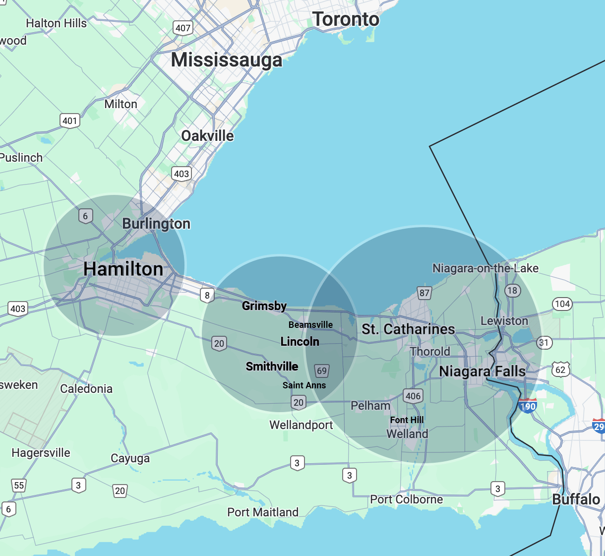 Map highlighting the areas of Greater Toronto and Hamilton Area, Niagara Peninsula, and parts of Southern Ontario, including cities like Hamilton, Mississauga, and Toronto.