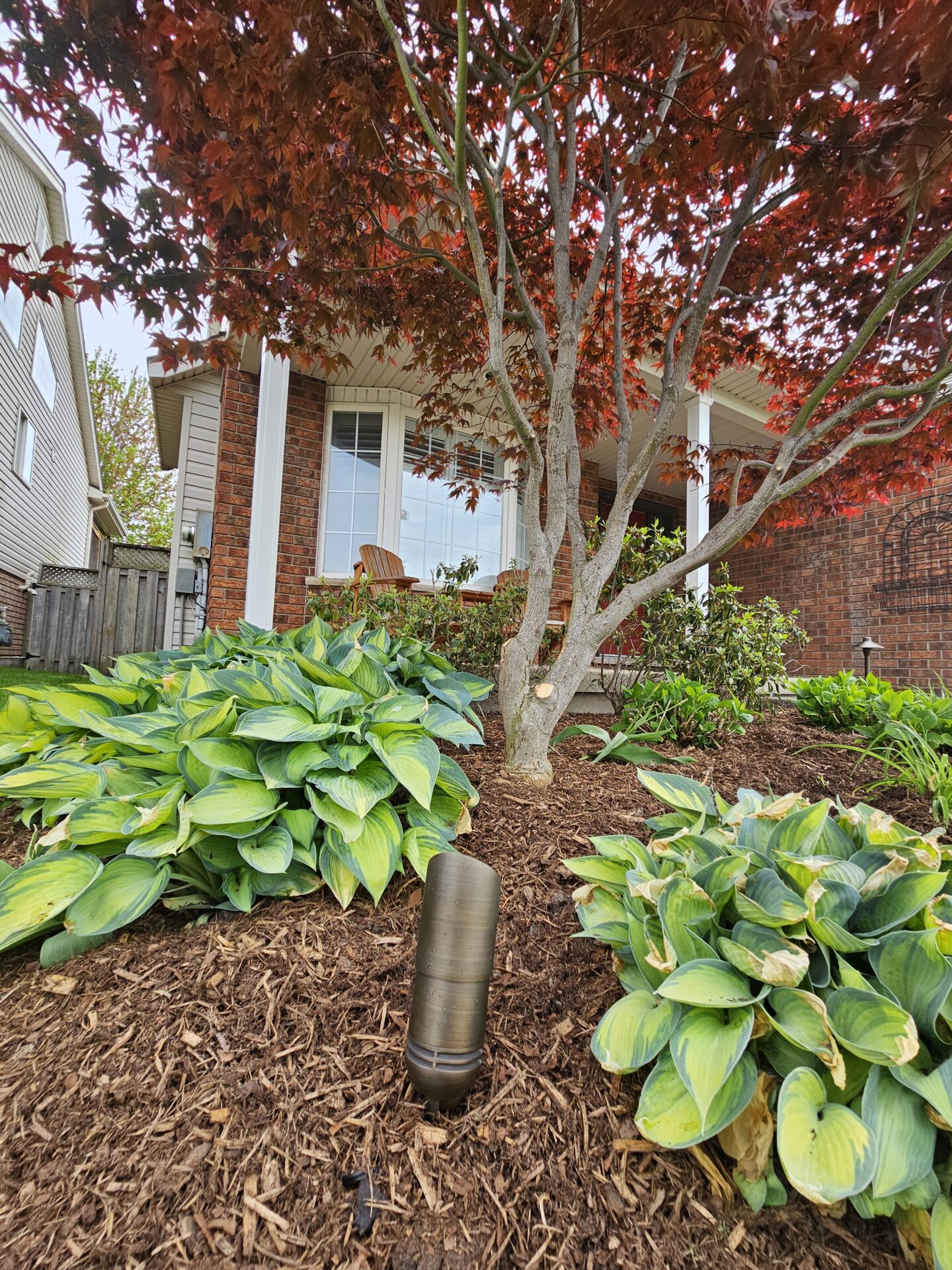 Colorful leafy plants, a tree, and a house in the background. A garden light fixture stands among mulch and greenery near a porch with chairs.